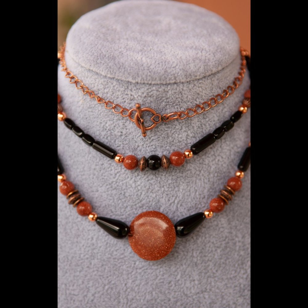NEW Handmade- Necklace of Goldstone, Copper Tone Metal and Black Glass Beads - Picture 5 of 8